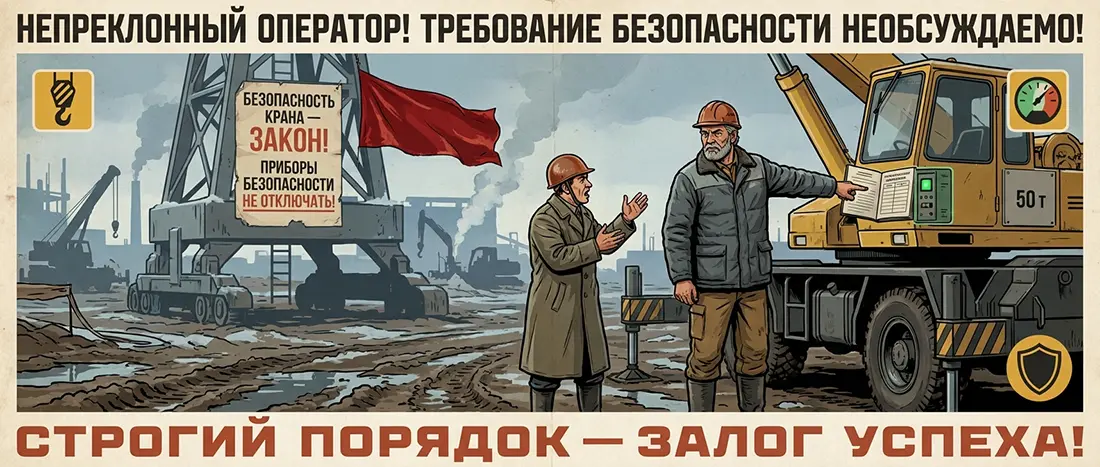 Под стрелой пятьдесят тонн, аутригер проседает в грязь, а прораб снизу орет: "Майнай, я сказал, не сцы!"
