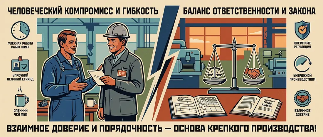 «Семь часов в табеле» и негласный договор: почему живое производство держится на компромиссах, а не на сухих параграфах 🤝⚙️