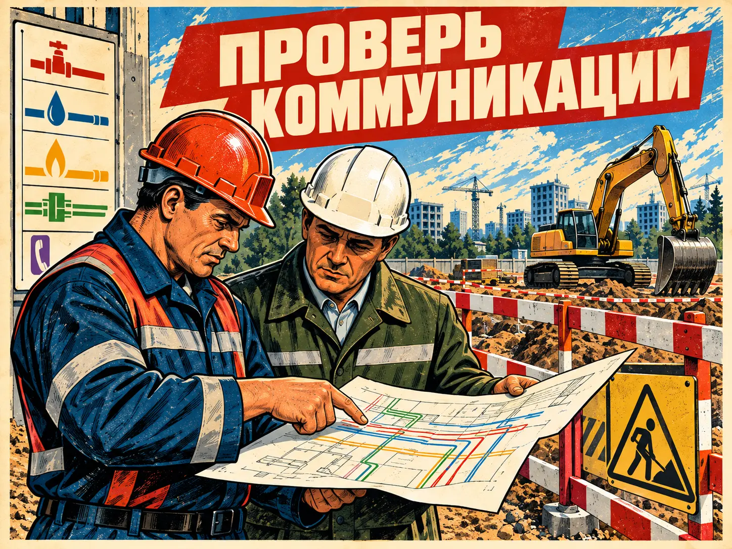 Специалисты сверяют план подземных коммуникаций до начала земляных работ