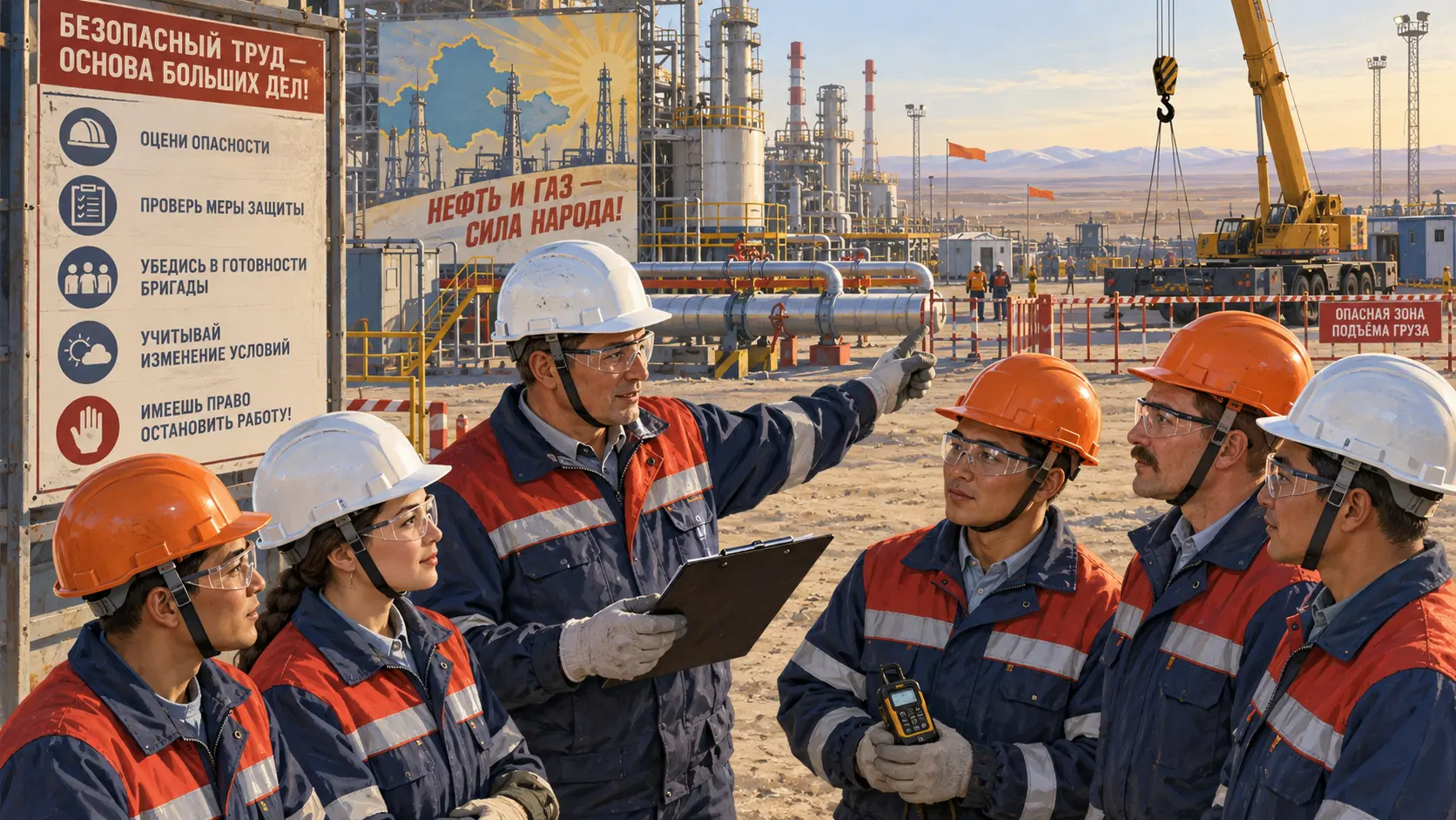 Руководитель проводит утреннюю проверку безопасности с бригадой на нефтегазовом объекте
