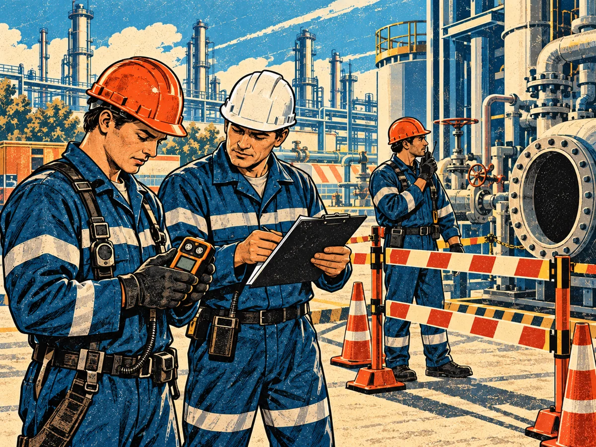 У ограждения зоны работники сверяют допуск и показания переносного газоанализатора