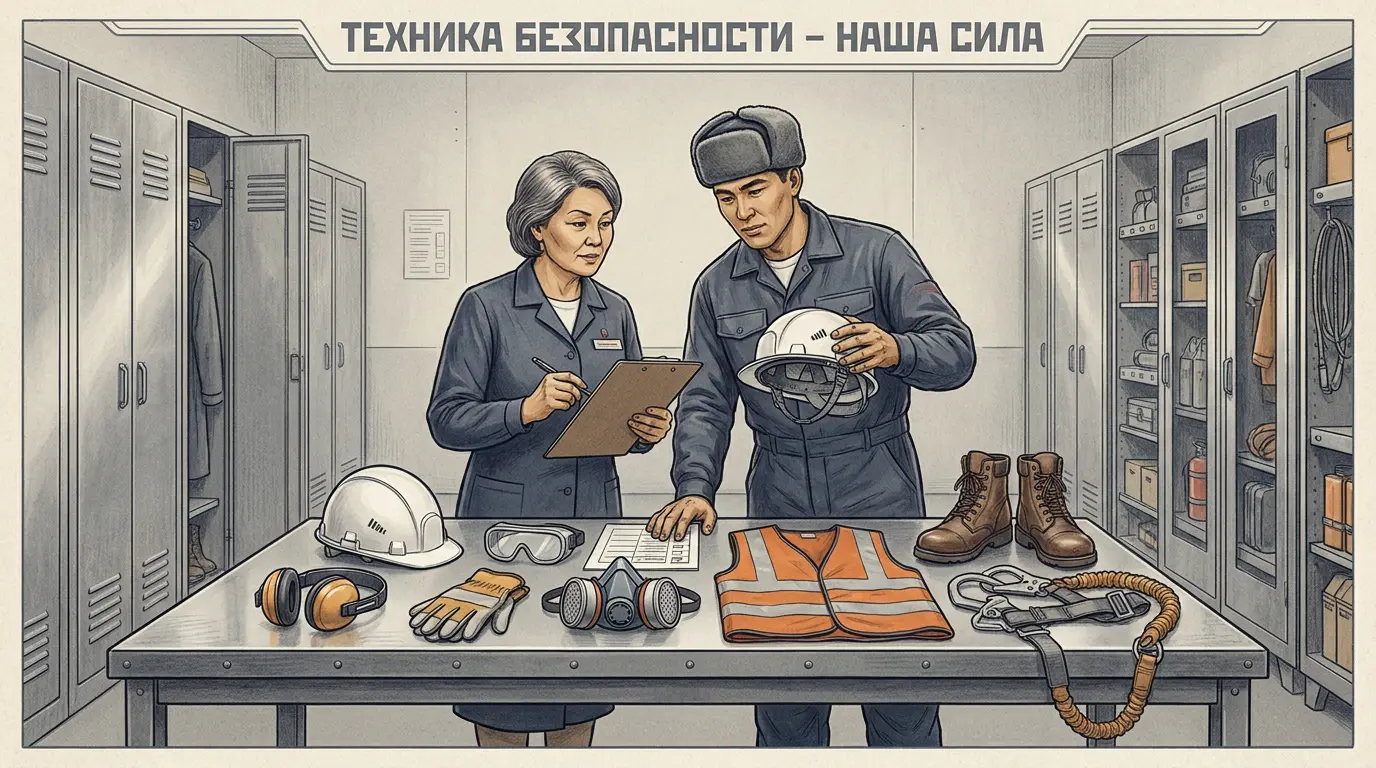Специалист по безопасности и работник проверяют комплект средств индивидуальной защиты перед сменой